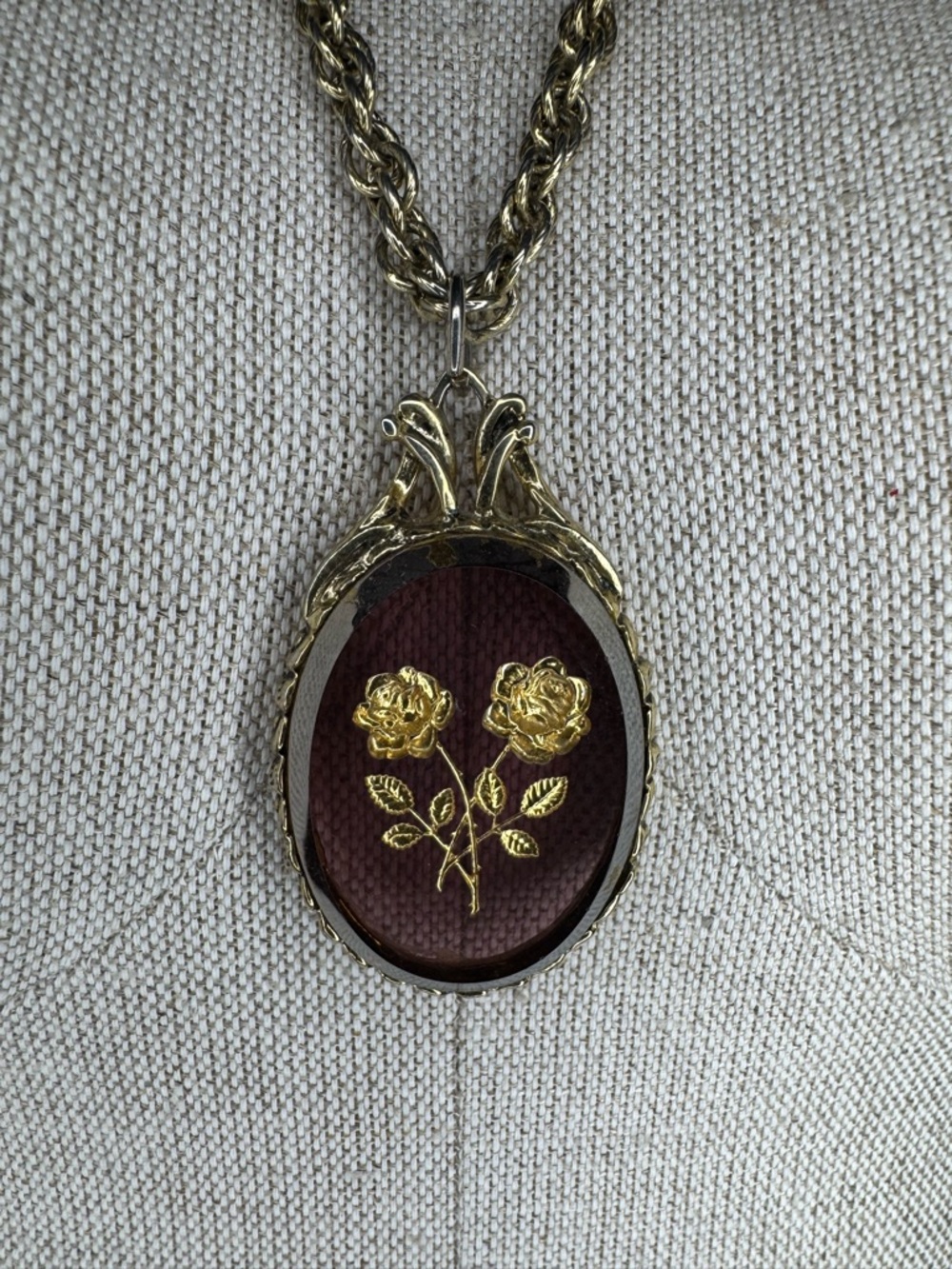 Whiting & Davis Gold Floral Pendant Necklace with Deep Burgundy Center
